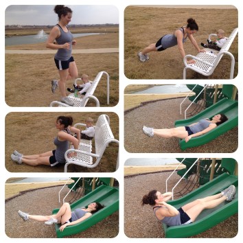 Resourcefully using the playground equipment for a Sunday afternoon workout/jog with the family.