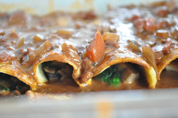 On a really rough day, cooking these Spinach & Mushroom Mole Enchiladas and Roasted Butternut Squash Enchiladas (not pictured) with Jackson was the bright spot, the only time in a full day that all was well in our wold, the two of us cooking side by side happy to be doing something we both love together. (Then came the epic awful, rocking him for an hour and half because that's all that was left in me, awful night.) 