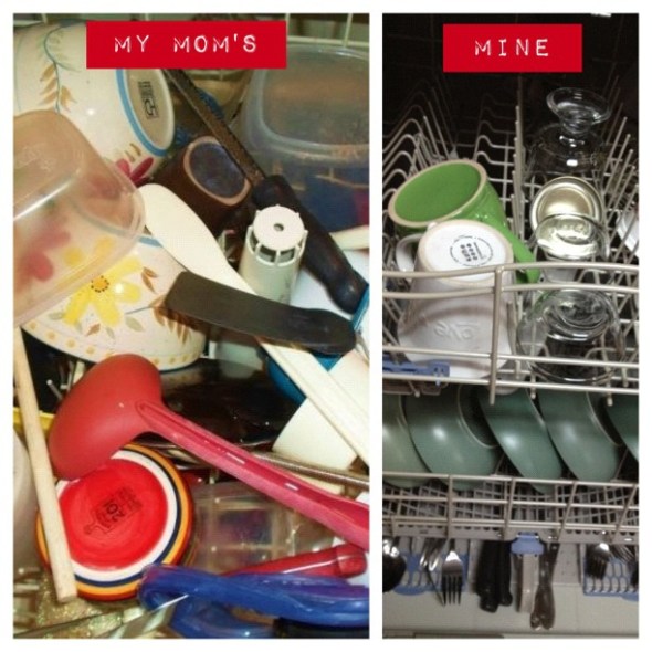 These are actual pictures of how we each load our dishwashers. I can say this, at least: I am a FAST loader.